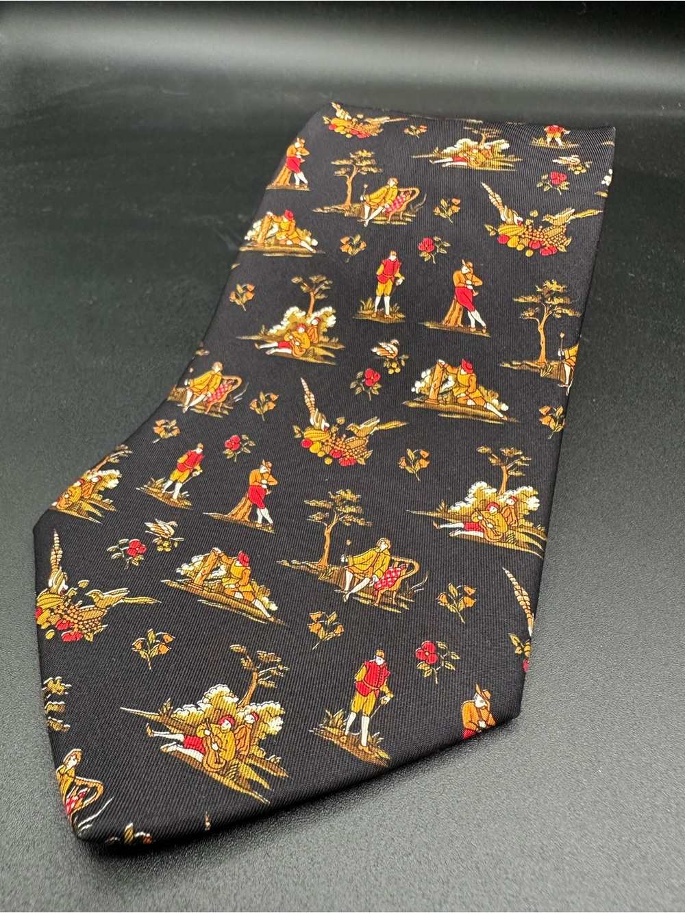 Salvatore Ferragamo Silk Tie Pastoral Courting Scene Pheasant Navy Italy Vintage